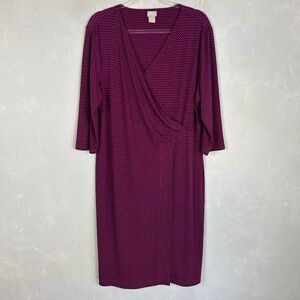 Chicos size 3 16/18 faux wrap midi dress jersey stretch purple black 3/4 sleeve